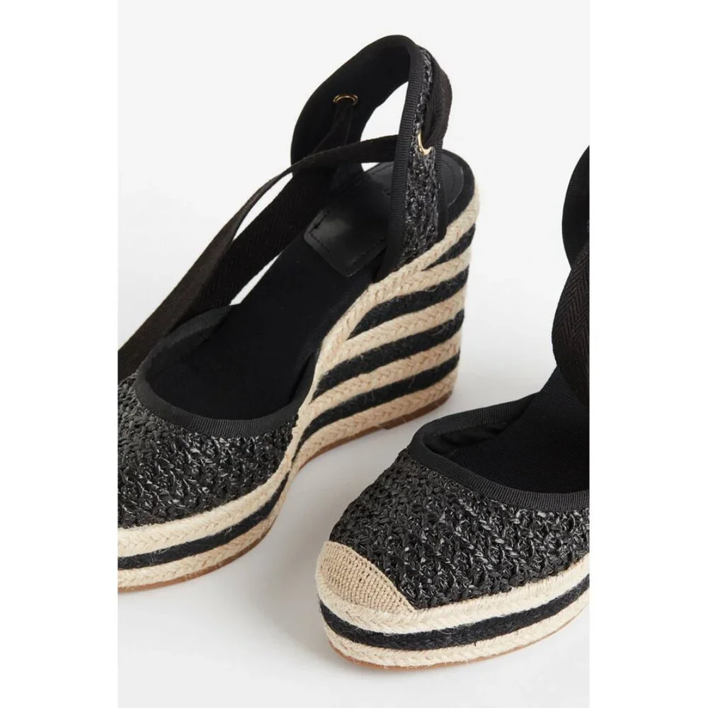 H&M Sz. 6 Black/Cream Striped Wedge-Heeled Espadrilles